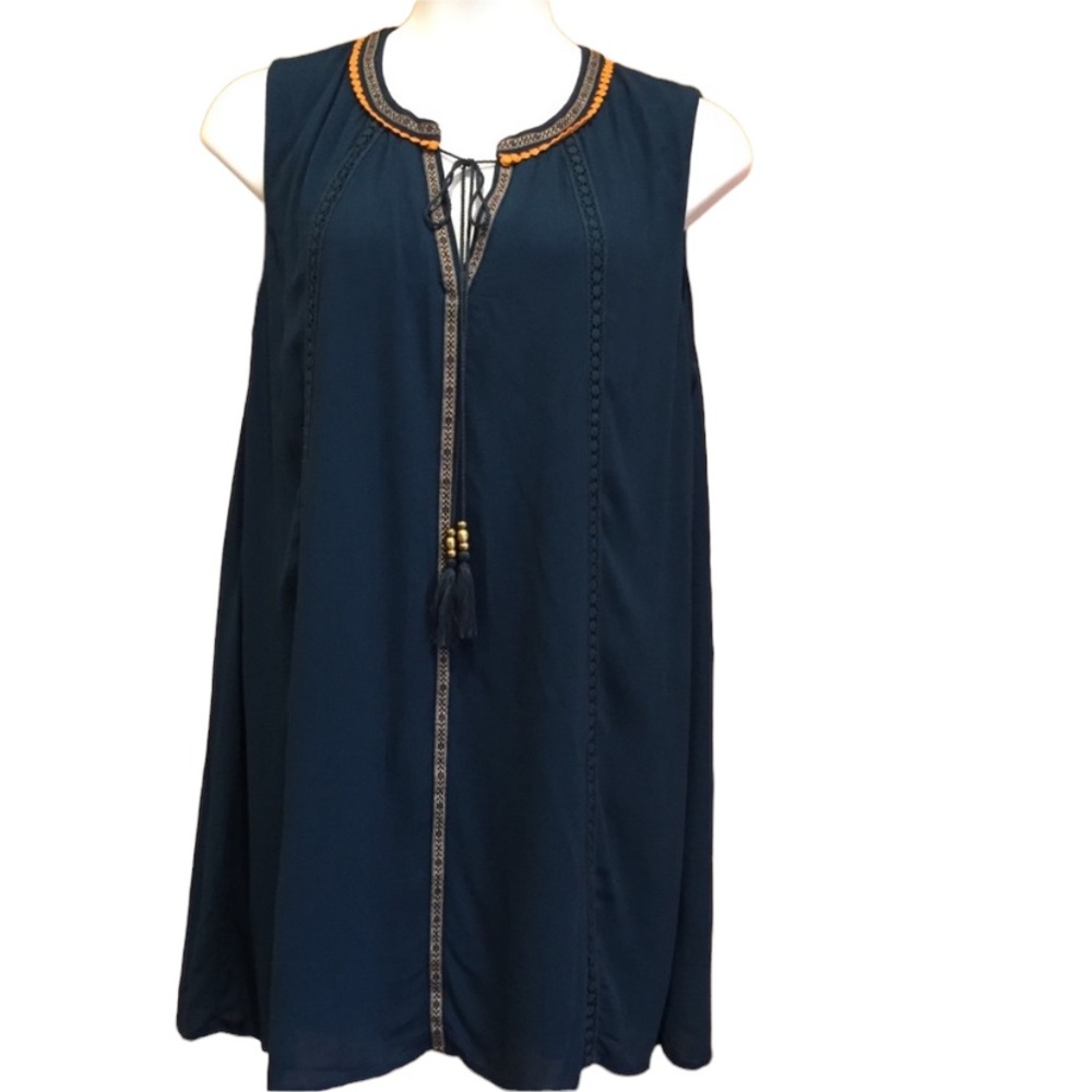 Perch 1X Sleeveless Lined Lace Trim Teal Dress